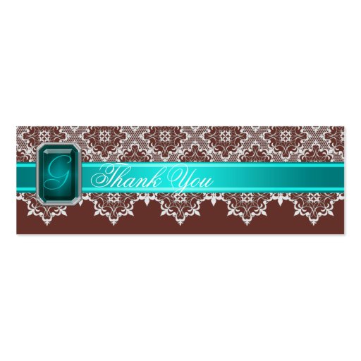 Brown & Teal Lace Jeweled Wedding Silver Favor Tag Business Cards (front side)