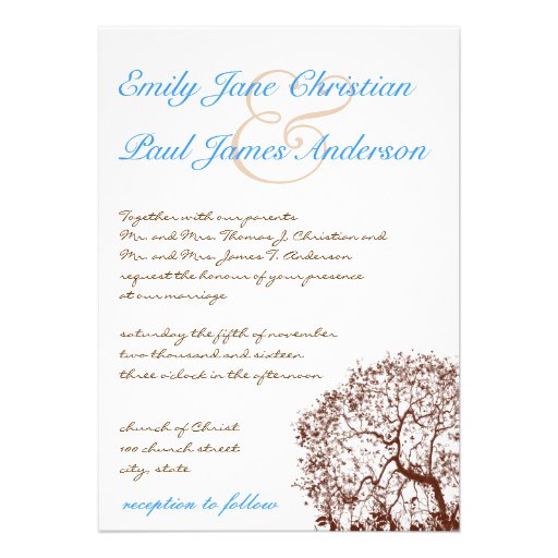 Brown Tree Aqua Blue Font Wedding Invitation