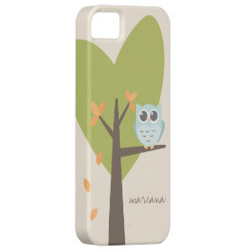 Brown Tree Branch Leaves Custom Name Blue Owl iPhone 5 Case