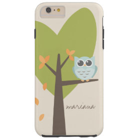Brown Tree Branch Leaves Custom Name Blue Owl Tough iPhone 6 Plus Case