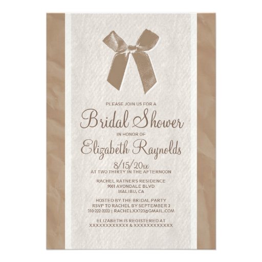 Brown Vintage Bow Linen Bridal Shower Invitations