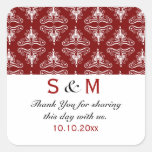 Brown White Damask Thank You Monogram Wedding Square Stickers