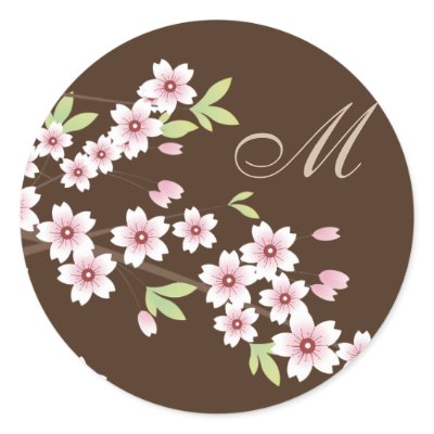 Brown with Pink Cherry Blossom Envelope Seals Round Sticker