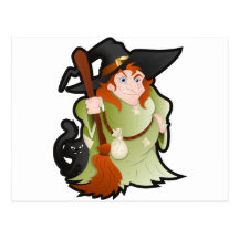 Bruja de Halloween del dibujo animado con un gato Postales