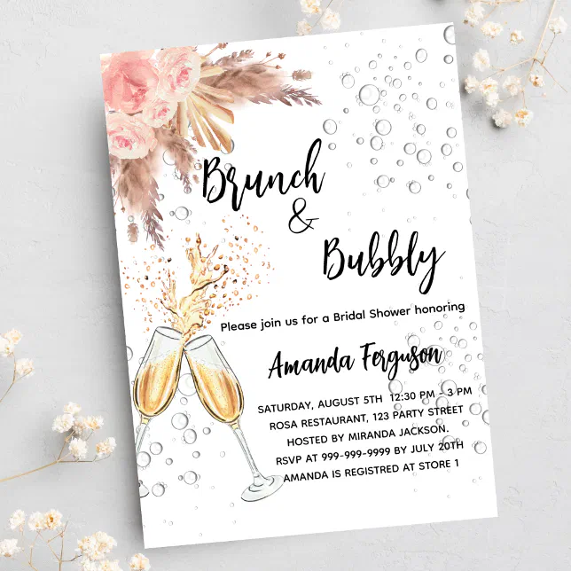 Brunch Bubbly Bridal Shower Blush Pampas Grass Invitation Postcard Zazzle