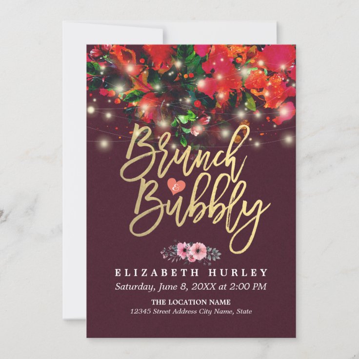 Brunch Bubbly Bridal Shower Floral String Lights Invitation Zazzle