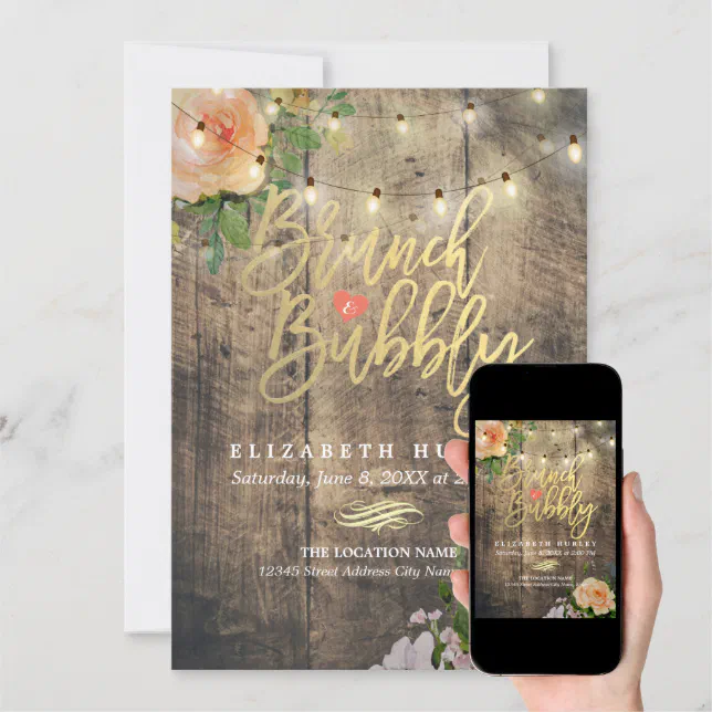 Brunch Bubbly Bridal Shower Floral String Lights Invitation Zazzle