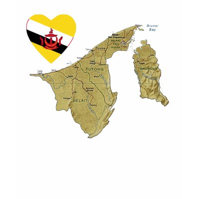 map of brunei. Distinctive t-shirt featuring a map of Brunei plus a heart shaped flag.