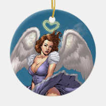 brunette,angel,angels,wings,halo,heart,purple,dress,cloud,al rio,art,comics, Ornament with custom graphic design