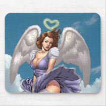 brunette,angel,angels,wings,halo,heart,purple,dress,cloud,al rio,art,comics, Mouse pad with custom graphic design