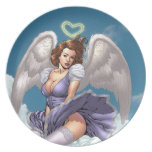 Brunette Angel Pinup with Heart Halo by Al Rio Dinner Plate