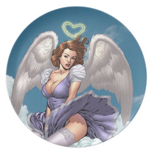 Brunette Angel Pinup with Heart Halo by Al Rio Dinner Plate