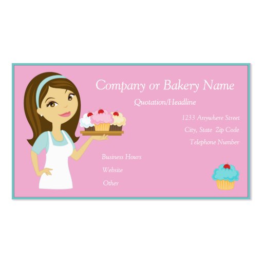 Brunette/Aqua Cupcake Baker/Bakery 3 Business Card (front side)