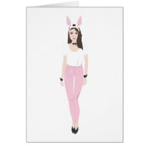 Brunette character in bunny costume greeting card