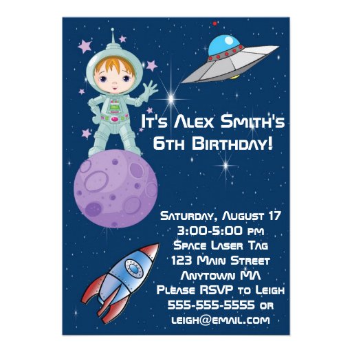 Brunette Girl Astronaut Birthday Invitation