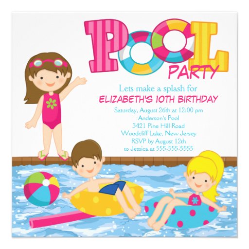 Brunette Girl Birthday Pool Party Invitation (front side)