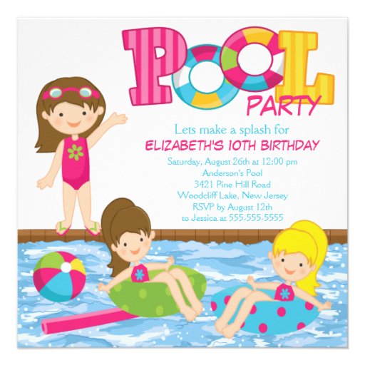 Brunette Girl Birthday Pool Party Invitation (front side)