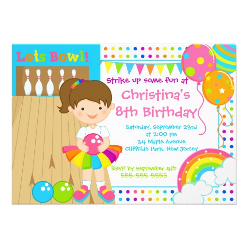 Brunette Girl Bowling Birthday Party Invitations (front side)