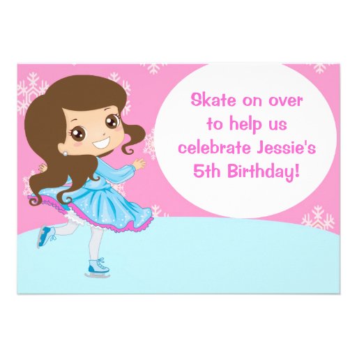 Brunette Girl Ice Skating Birthday Invitation