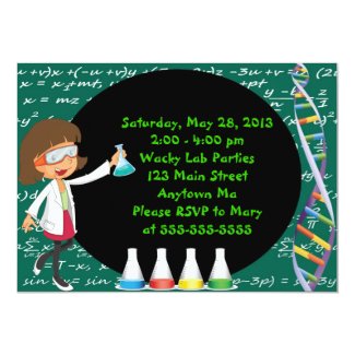 Brunette Girl Mad Scientist Party Invitation 5" X 7" Invitation Card