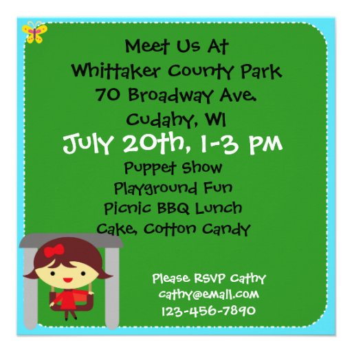 Brunette Girl Party in the Park Birthday Invite