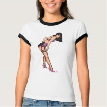 Brunette in Lavender & Black T-Shirt