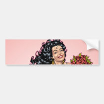 lingerie, roses, smiling, pinup, model, drawing, illustration, fishnet, al rio, bouquet, Bumper Sticker with custom graphic design