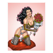 lingerie, roses, smiling, pinup, model, drawing, illustration, fishnet, al rio, bouquet, Flyer with custom graphic design