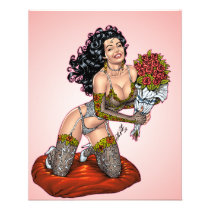 lingerie, roses, smiling, pinup, model, drawing, illustration, fishnet, al rio, bouquet, Flyer with custom graphic design