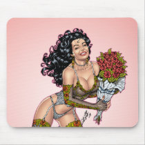 lingerie, roses, smiling, pinup, model, drawing, illustration, fishnet, al rio, bouquet, Mouse pad with custom graphic design