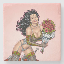 lingerie, roses, smiling, pinup, model, drawing, illustration, fishnet, al rio, bouquet, [[missing key: type_giftstone_coaste]] with custom graphic design