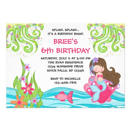 Brunette Mermaid Birthday Invitations (front side)