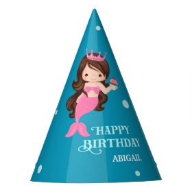 Brunette Mermaid Birthday Party Hat - Personalized