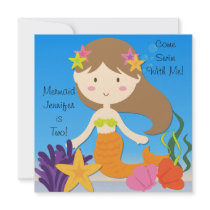 Brunette  Mermaid Custom Birthday Invitation