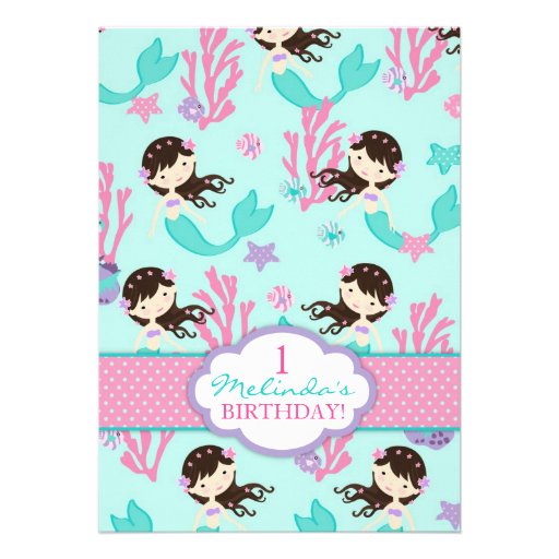 Brunette Mermaid First Birthday Card