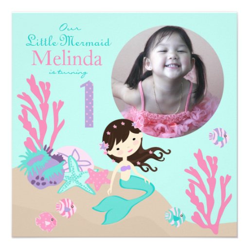 Brunette Mermaid First Birthday Custom Invites
