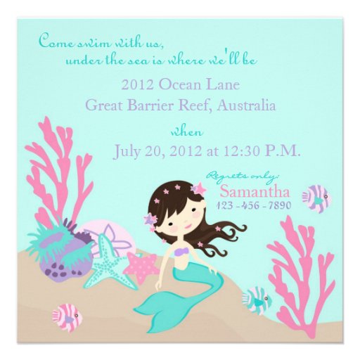 Brunette Mermaid First Birthday Custom Invites