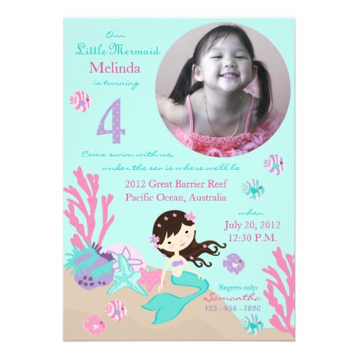 Brunette Mermaid Fourth Birthday Personalized Invites