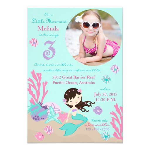 Brunette Mermaid Third Birthday Invitation