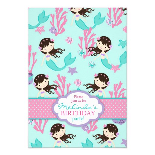 Brunette Mermaid Third Birthday Invitation