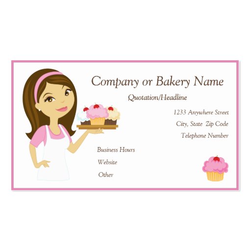 Brunette/Pink Cupcake Baker/Bakery 2 Business Card (front side)