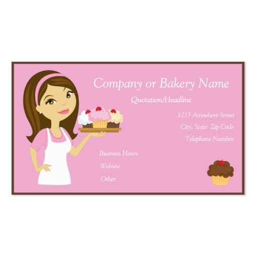 Brunette/Pink Cupcake Baker/Bakery 3 Business Card (front side)