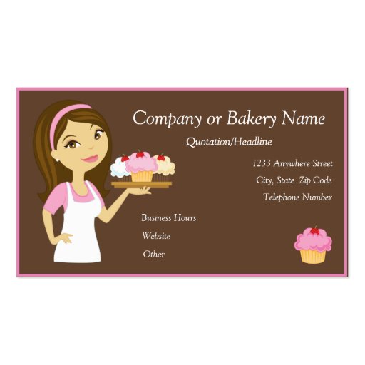 Brunette/Pink Cupcake Baker/Bakery Business Card (front side)