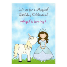 Brunette Princess and Unicorn Birthday Invitation