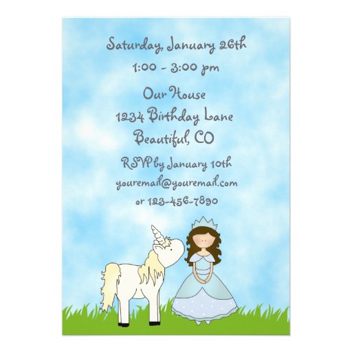 Brunette Princess and Unicorn Birthday Invitation