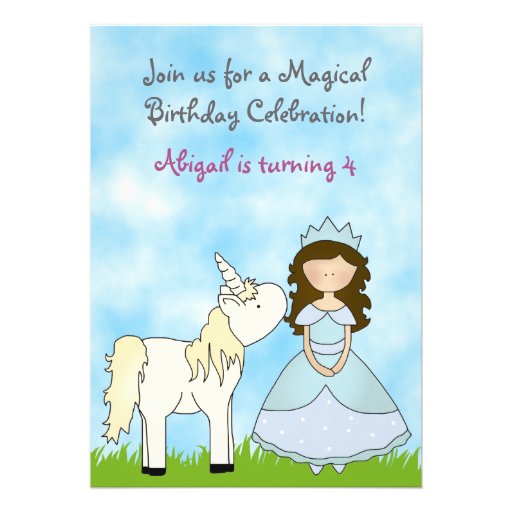 Brunette Princess and Unicorn Birthday Invitation