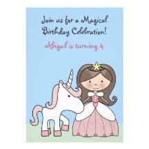 Brunette Princess and Unicorn Birthday Invitation