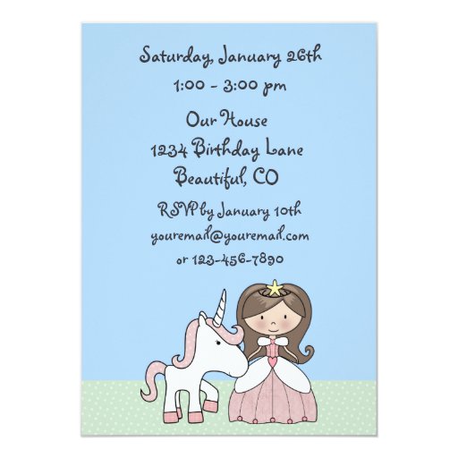Brunette Princess and Unicorn Birthday Invitation