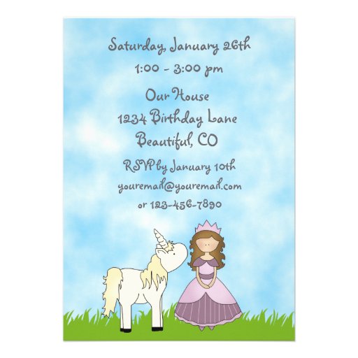 Brunette Princess and Unicorn Birthday Invitation
