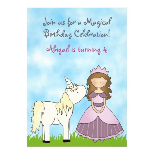 Brunette Princess and Unicorn Birthday Invitation